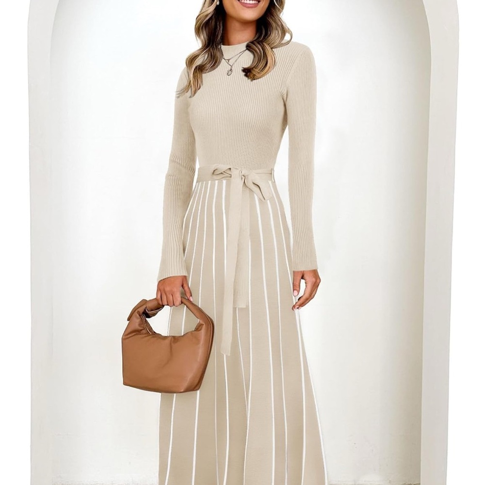 Elegant Beige Striped Midi Dress